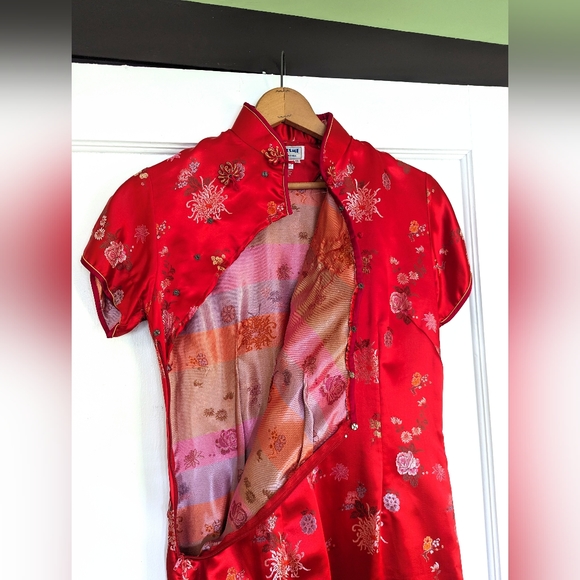 Vintage Long Red Satin Floral Asian Cheongsam Qipao Dress large 10 - Picture 3 of 5